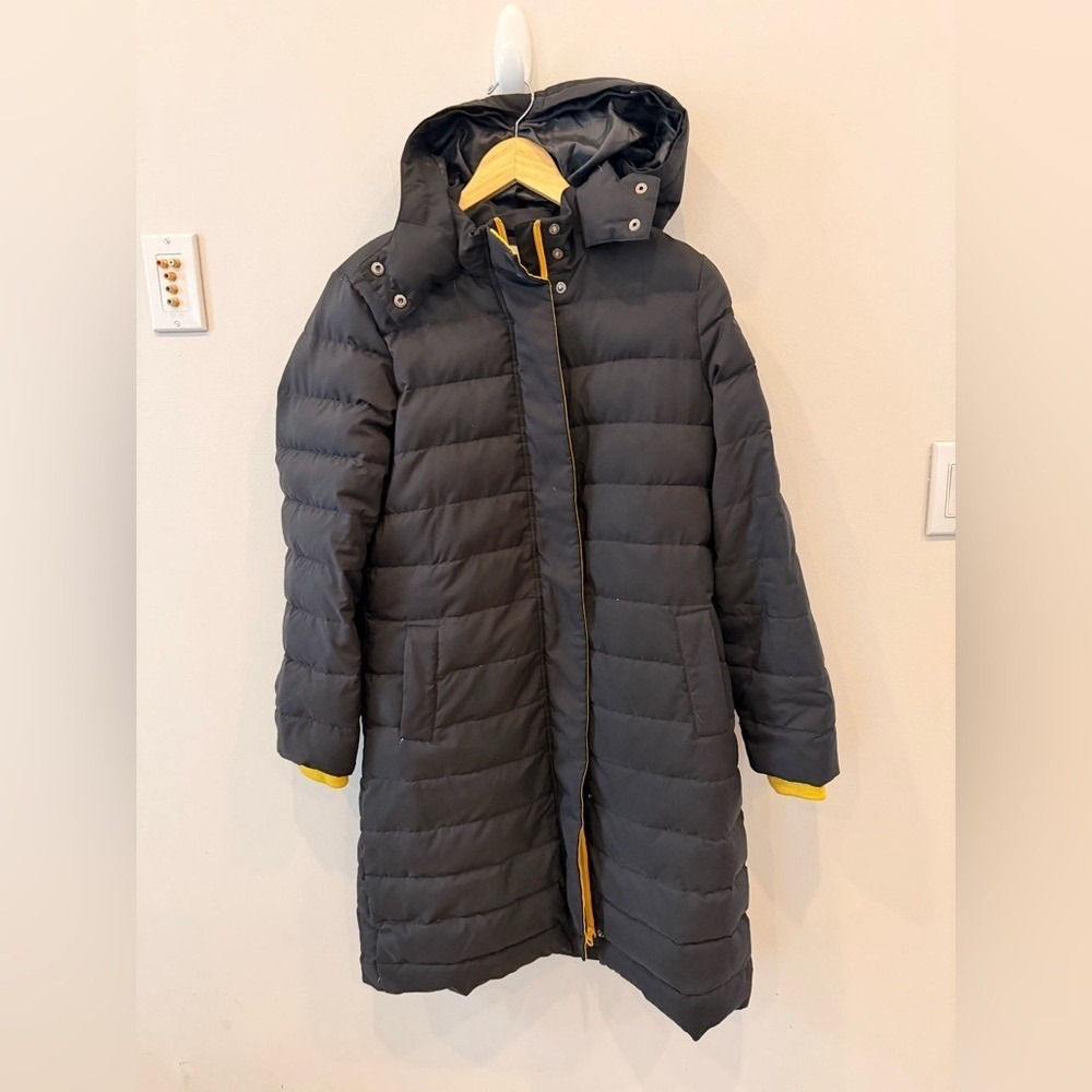 Boden Womens 8P Petite Long Down Puffer Coat Hooded‎ Black Yellow Trim